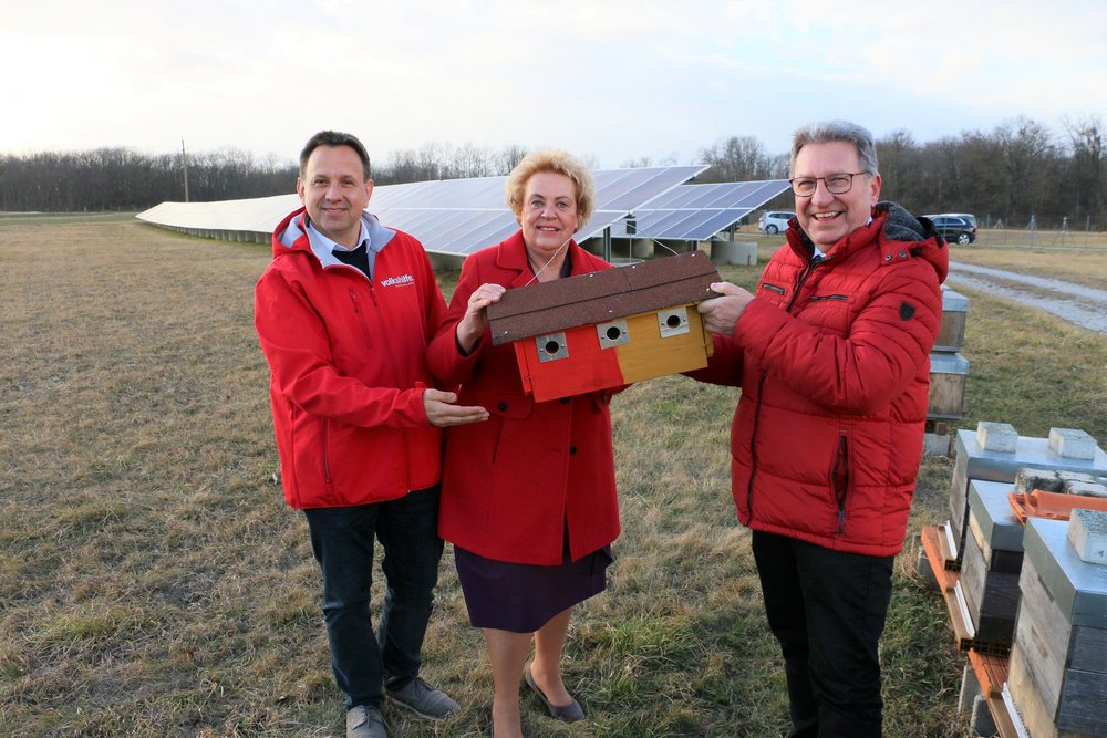 v.l.n.r.: Thomas König von der Volkshilfe Burgenland mit Verena Dunst, Präsidentin der Volkshilfe Burgenland und WLV-Obmann Bgm. Ing. Gerhard Zapfl mit einem Vogelbrutkasten des BFI Güssing beim Brunnenfeld in Neufeld